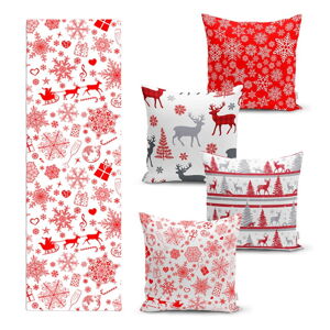 Súprava 4 vianočných obliečok na vankúš a behúň na stôl Minimalist Cushion Covers Red Snowflake