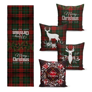 Súprava 4 vianočných obliečok na vankúš a behúň na stôl Minimalist Cushion Covers Tartan Christmas