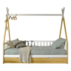 Domčeková detská posteľ z borovicového dreva s úložným priestorom 90x200 cm v prírodnej farbe TIPI – Vipack