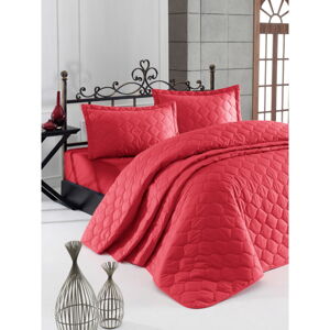 Červená prikrývka cez posteľ s 2 obliečkami na vankúš z ranforce bavlny EnLora Home Fresh, 225 x 240 cm