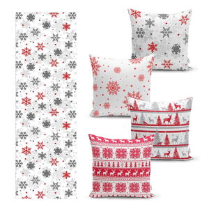 Súprava 4 vianočných obliečok na vankúš a behúň na stôl Minimalist Cushion Covers Red Christmas